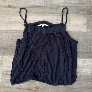 Navy Blue Lace Trim Women's Top